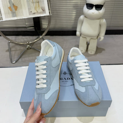 PRADA 26S LACE UP SNEAKERS IN LIGHT BLUE NYLON AND SUEDE