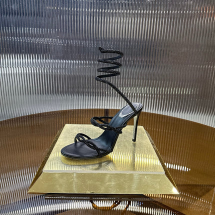 RENE CAOVILLA 26S CRYSTAL WRAP HEELS 95 MM IN BLACK LAMBSKIN