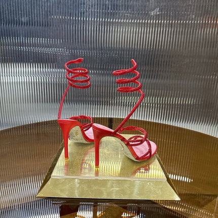 RENE CAOVILLA 26S CRYSTAL WRAP HEELS 95 MM IN RED LAMBSKIN