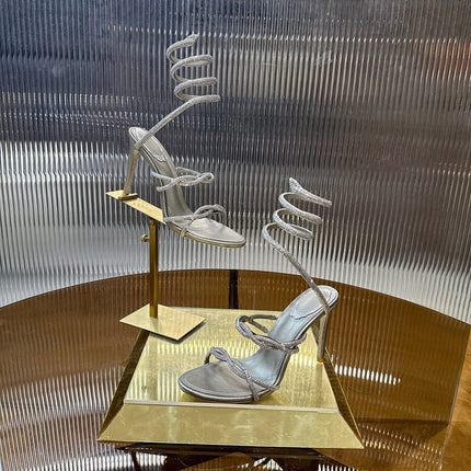 RENE CAOVILLA 26S CRYSTAL WRAP HEELS 95 MM IN SILVER LAMBSKIN