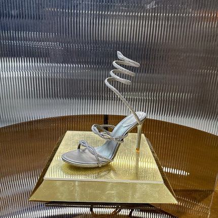 RENE CAOVILLA 26S CRYSTAL WRAP HEELS 95 MM IN SILVER LAMBSKIN