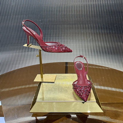 RENE CAOVILLA 26S SLINGBACK HIGH HEELS 75 MM IN DARK RED CRYSTAL EMBELLISHED