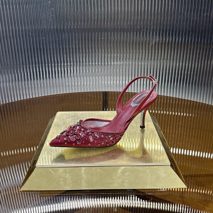 RENE CAOVILLA 26S SLINGBACK HIGH HEELS 75 MM IN DARK RED CRYSTAL EMBELLISHED