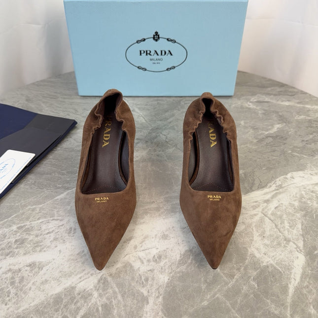 PRADA 25S HIGH HEELS 75 MM IN DARK BROWN SUEDE