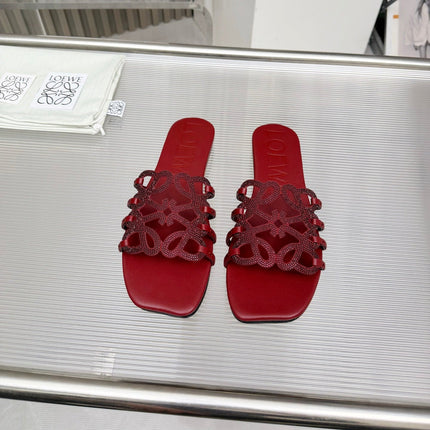 LOEWE 26S FLAT SANDALS IN DARK RED CALFSKIN WITH CRYSTALS