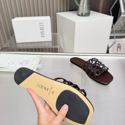 LOEWE 26S FLAT SANDALS IN DARK BROWN CALFSKIN WITH CRYSTALS