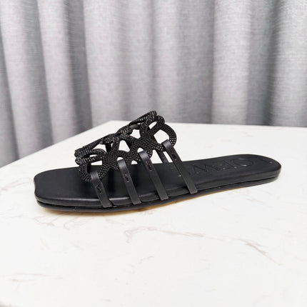 LOEWE 26S FLAT SANDALS IN BLACK CALFSKIN WITH CRYSTALS