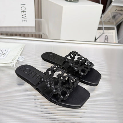 LOEWE 26S FLAT SANDALS IN BLACK CALFSKIN WITH CRYSTALS