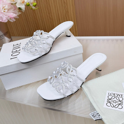 LOEWE 26S PETAL ANAGRAM SLIDE 45MM IN WHITE SOFT CALFSKIN WITH CRYSTALS