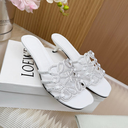 LOEWE 26S PETAL ANAGRAM SLIDE 45MM IN WHITE SOFT CALFSKIN WITH CRYSTALS