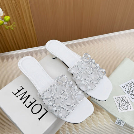 LOEWE 26S PETAL ANAGRAM SLIDE 45MM IN WHITE SOFT CALFSKIN WITH CRYSTALS