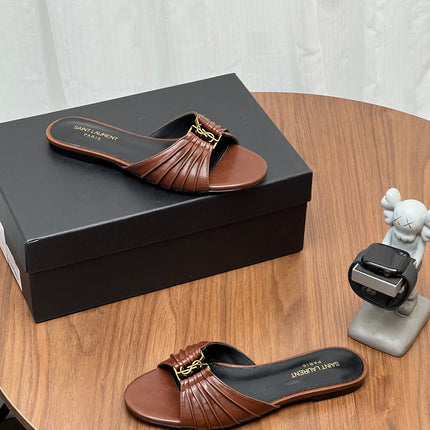 YSL 26S SLIDES IN DARK BROWN CALFSKIN