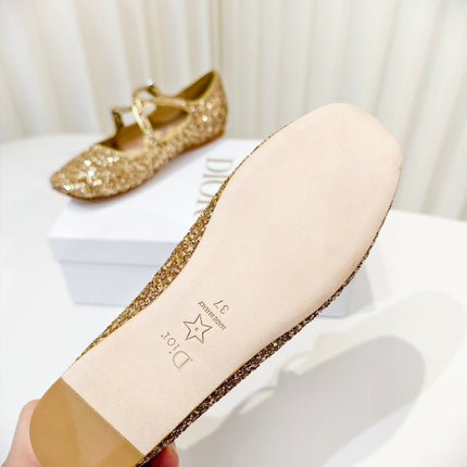DIOR 26S MARY JANE FLATS IN GOLD SEQUIN EMBROIDERED FABRIC