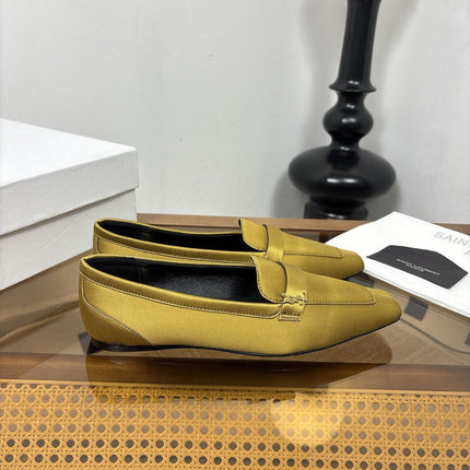 YSL 26S SQUARE-TOE LOAFERS IN YELLOW GOLD SATIN