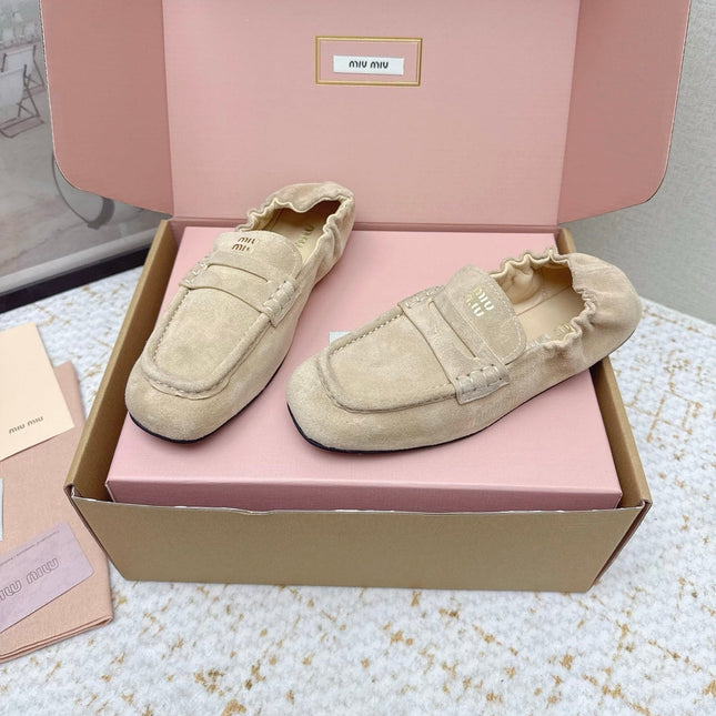 MIUMIU 25S NAPPA LOAFERS IN BEIGE SUEDE