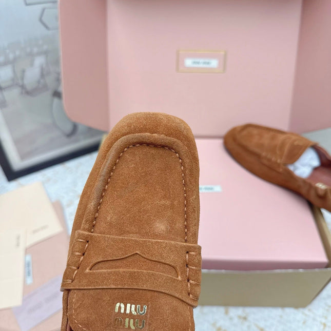 MIUMIU 25S NAPPA LOAFERS IN CARAMEL BROWN SUEDE