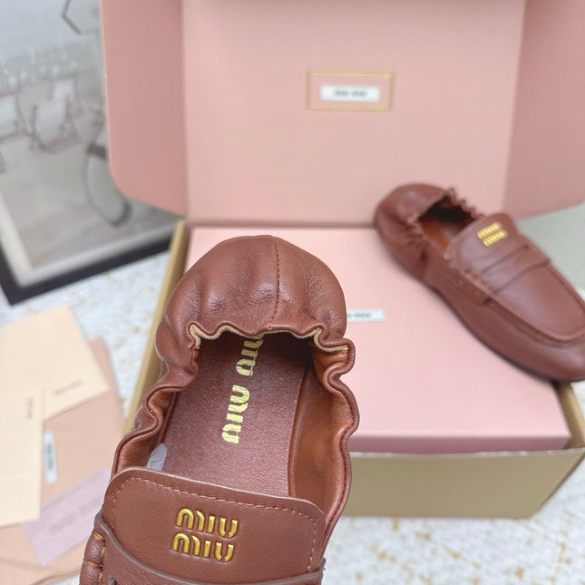 MIUMIU 25S NAPPA LOAFERS IN RUSTY BROWN LAMBSKIN