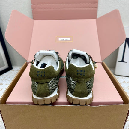MIUMIU 26S CHARM SNEAKERS IN OLIVE GREEN MESH AND SUEDE