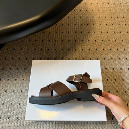 PRADA 26S CROSS STRAP PLATFORM SANDALS 35MM IN DARK BROWN CALFSKIN