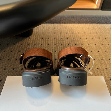 PRADA 26S ANKLE STRAP FISHERMAN SANDALS IN BROWN SUEDE