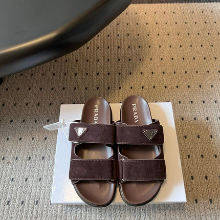 PRADA 26S DOUBLE STRAP SLIDES 35MM IN DARK BROWN SUEDE