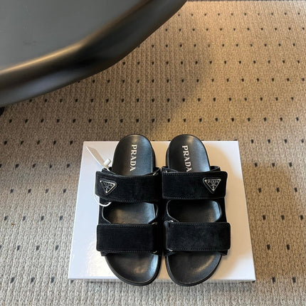 PRADA 26S DOUBLE STRAP SLIDES 35MM IN BLACK SUEDE