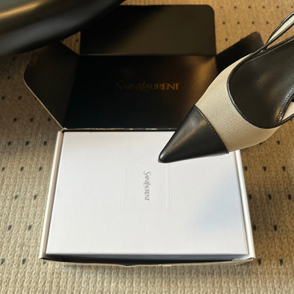 YSL 26S HEELED SLINGBACKS 60 MM IN BLACK LAMBSKIN AND BEIGE MESH