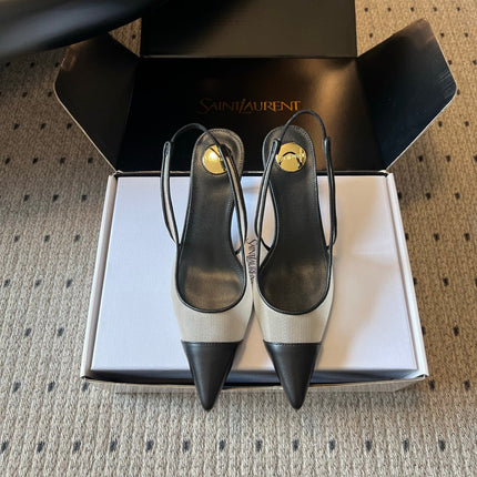 YSL 26S HEELED SLINGBACKS 60 MM IN BLACK LAMBSKIN AND BEIGE MESH