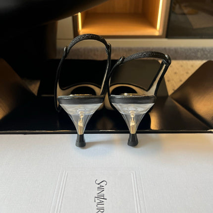 YSL 26S HEELED SLINGBACKS 60 MM IN BLACK LAMBSKIN AND BEIGE MESH