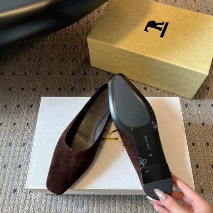 THE ROW 26S SQUARE TOE BACKLESS SLIDES IN DARK BROWN CALF HAIR