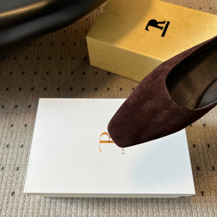 THE ROW 26S SQUARE TOE BACKLESS SLIDES IN DARK BROWN CALF HAIR