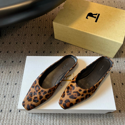 THE ROW 26S SQUARE TOE BACKLESS SLIDES IN BROWN SPOTTED CALF HAIR