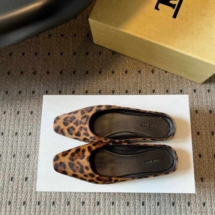 THE ROW 26S SQUARE TOE BACKLESS SLIDES IN BROWN SPOTTED CALF HAIR