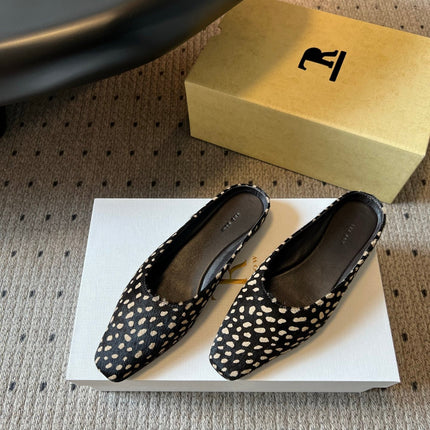 THE ROW 26S SQUARE TOE BACKLESS SLIDES IN BLACK SPOTTED CALF HAIR