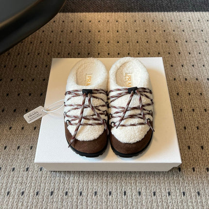 PRADA 26S WOVEN MULES IN IVORY WOOL AND DARK BROWN SUEDE