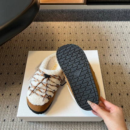 PRADA 26S WOVEN MULES IN IVORY WOOL AND BROWN SUEDE