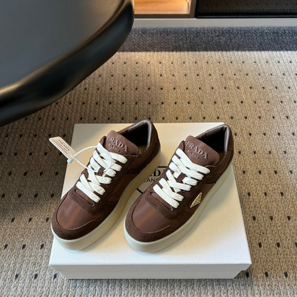 PRADA 26S PLATFORM SNEAKERS IN DARK BROWN FABRIC MIX SUEDE