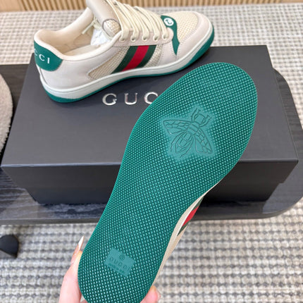 GUCCI 26S MESH SNEAKERS IN LIGHT BEIGE AND GREEN LEATHER
