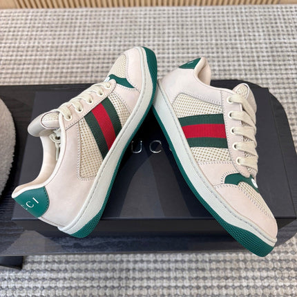 GUCCI 26S MESH SNEAKERS IN LIGHT BEIGE AND GREEN LEATHER