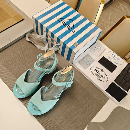 PRADA 26S HEELED SANDALS 65MM IN DUSTY TEAL BLUE SUEDE