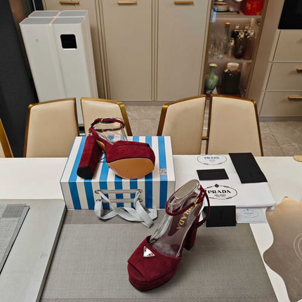 PRADA 26S HEELED SANDALS 135MM IN BURGUNDY RED SUEDE