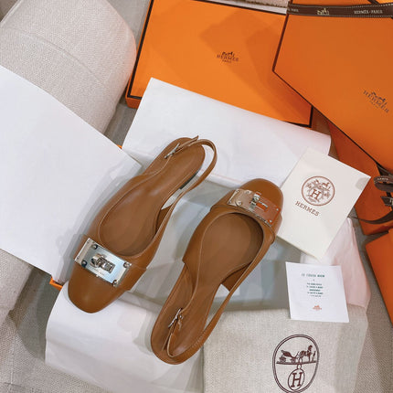 HM 26S INNOCENTE SLINGBACK IN CARAMEL BROWN CALFSKIN SILVER HARDWARE