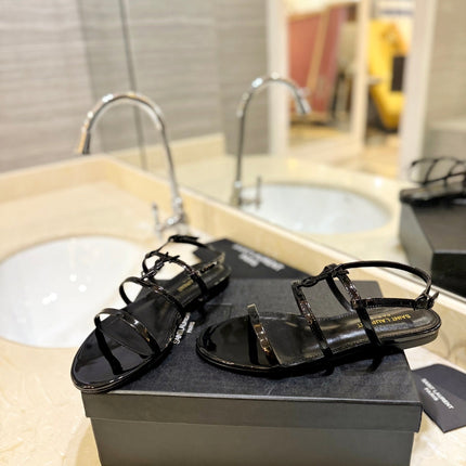 SL LOGO FLAT SANDALS BLACK POLISHED CALFSKIN