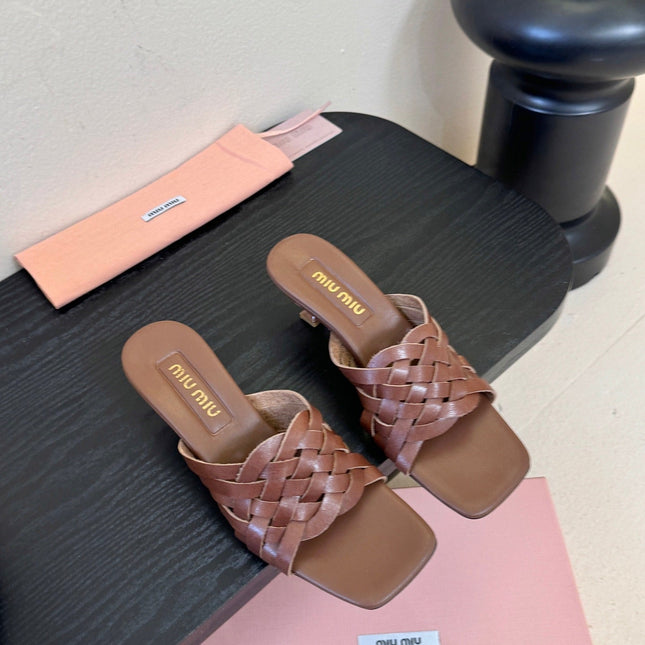 MIUMIU 26S IVETTE WOVEN HEELED SANDALS 40MM IN BROWN CALFSKIN
