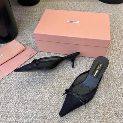 MIUMIU 26S HEEL MULES IN BLACK MESH AND LAMBSKIN