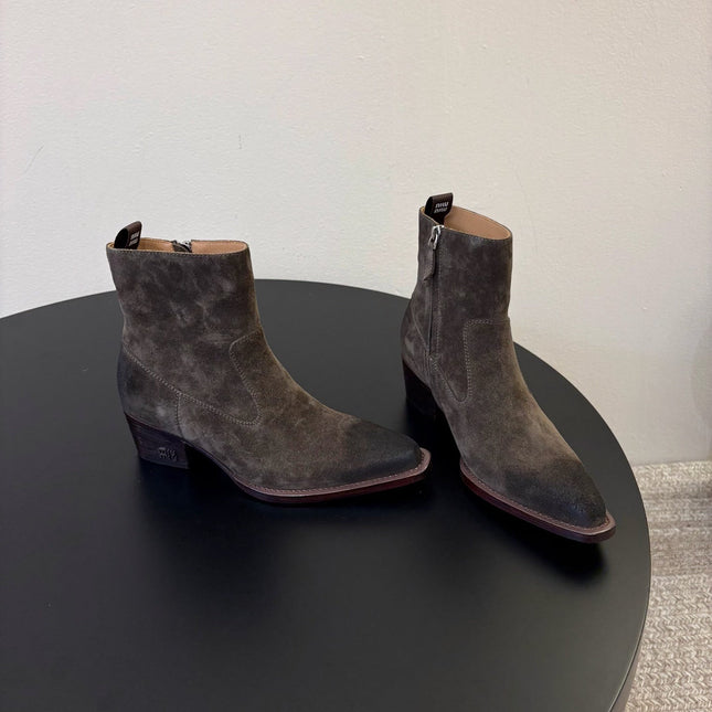 MIUMIU 26S WESTERN ANKLE BOOTS IN DARK GREY SUEDE