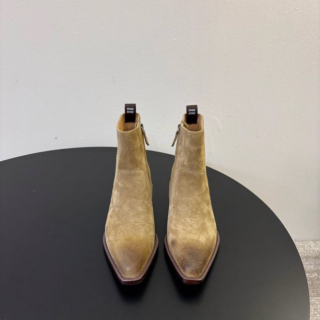 MIUMIU 26S WESTERN ANKLE BOOTS IN SAND BEIGE SUEDE