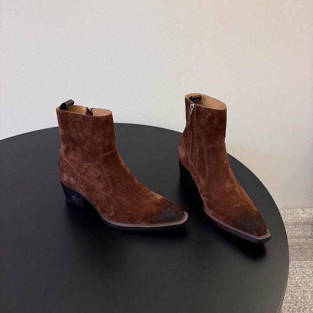 MIUMIU 26S WESTERN ANKLE BOOTS IN BROWN SUEDE