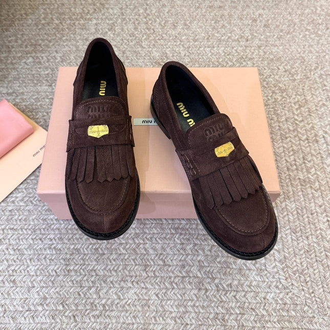 MIUMIU 26S FRINGE PENNY LOAFERS IN DARK BROWN SUEDE