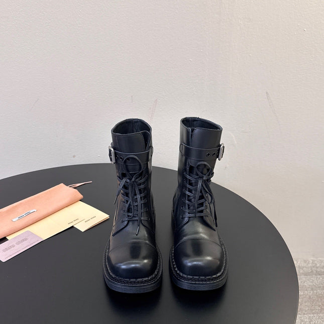 MIUMIU 26S LACE-UP ANKLE BOOTS IN BLACK CALFSKIN